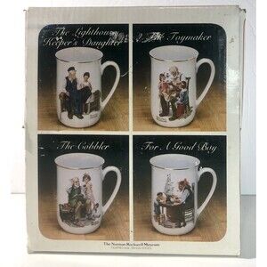 1982 Norman Rockwell 4pc Set Collector's Set -Gold Trim Coffee Mugs-New In Box